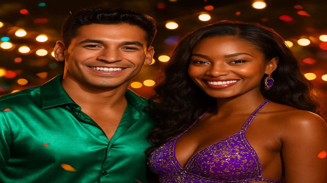 রঙিন কার্নিভাল পোশাক পরা একটি সুখী ও আকর্ষণীয় জুটি খোলা আঙিনার এক প্রাণবন্ত উৎসবে উদযাপন করছে, যেখানে দুজনেই খেলা করার মজা, সামাজিকতা ও উত্তেজনাপূর্ণ পরিবেশ তুলে ধরছে—সবই 7777bdt এ।