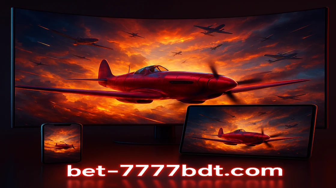 'Aviator Game' থেকে একটি পুরোনো লাল বিমান জ্বলন্ত আর্কেড খেলার ভরপুর হাই-টেক গেমিং প্ল্যাটফর্মে উড়ে যায়, 7777bdt-এ অনন্য ও রোমাঞ্চকর গেম-অভিজ্ঞতা প্রচার করছে।
