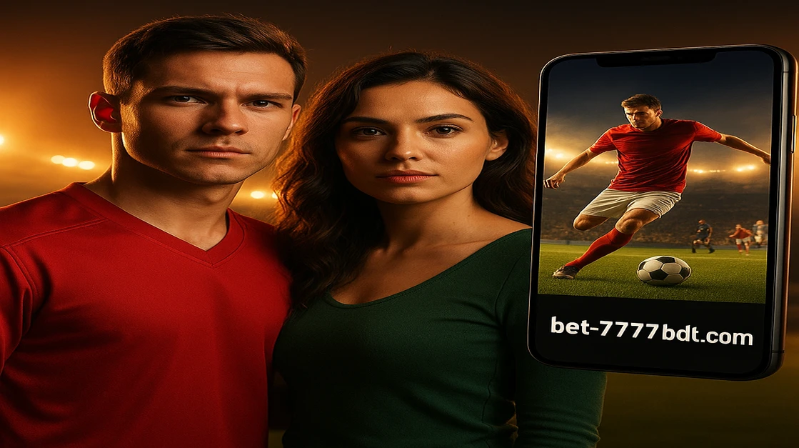 আকর্ষণীয় এক জুটি—একজন পুরুষ ও একজন নারী—আমেরিকান ফুটবল পোশাক পরা, 7777bdt স্পোর্টস গেমিং অ্যাপটি দেখানো এমন একটি স্মার্টফোন হাতে ধরে ছবির ভঙ্গিতে দাঁড়িয়েছে; খেলার প্রিয় ভক্তদের জন্য এটি আদর্শ পছন্দ।